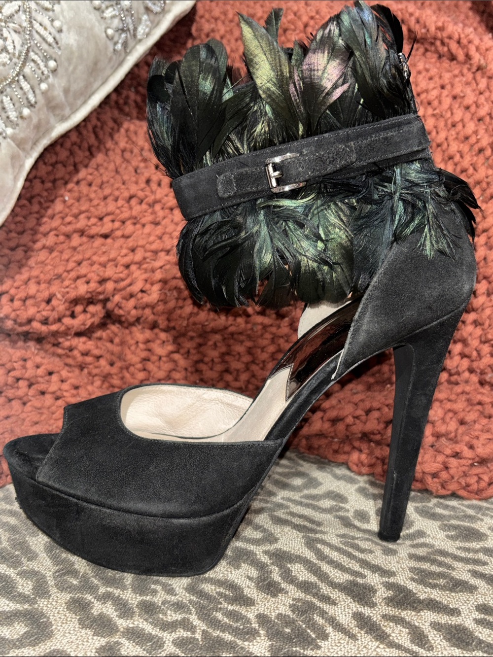 Michael Kors Vasha heels black suede high heels feather ankle strap open toe 10